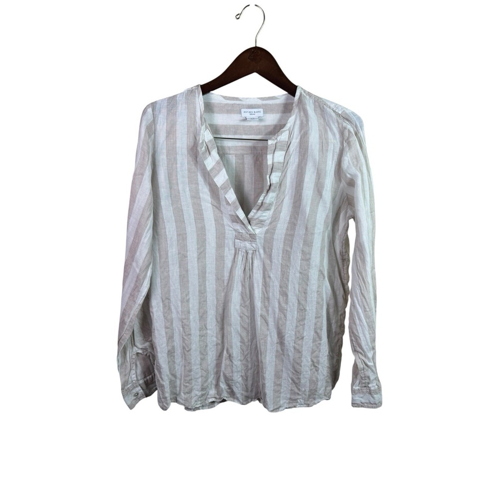 Antibes Blanc Beige/White Striped 100% Linen Shirt Top Popover Tunic Medium